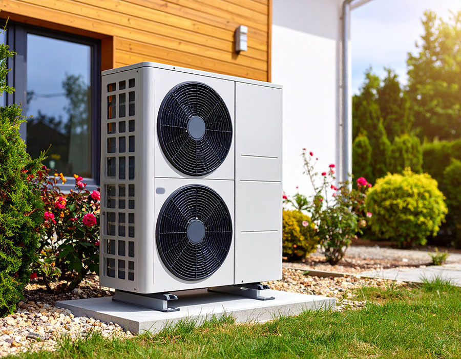pompe à chaleur sur 2 niveau à l'extérieur d'une maison